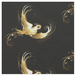 Golden Bird on Black Background Fabric