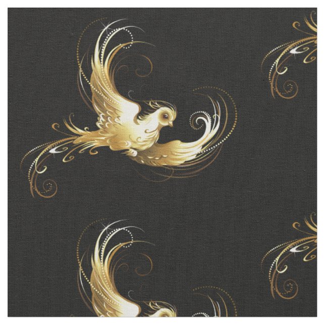Golden Bird on Black Background Fabric (Close Up)