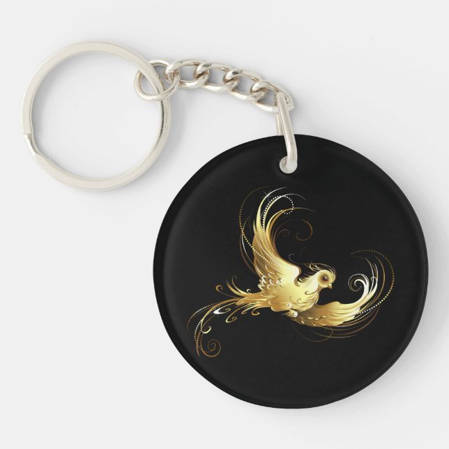 Golden Bird on Black Background Key Ring (Front)