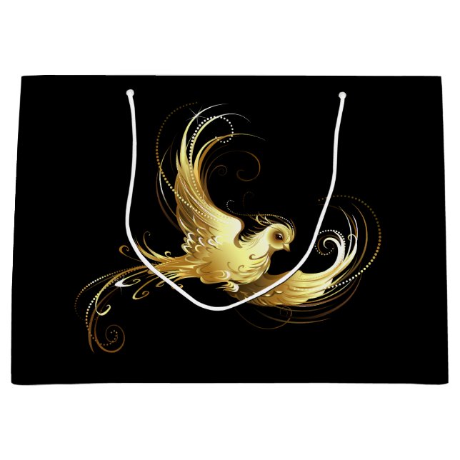 Golden Bird on Black Background Large Gift Bag (Front)