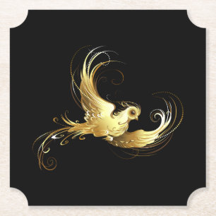 Golden Bird on Black Background Paper Coaster