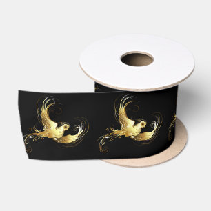 Golden Bird on Black Background Satin Ribbon