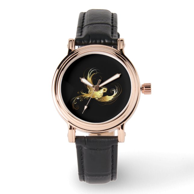 Golden Bird on Black Background Watch (Front)