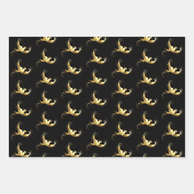 Golden Bird on Black Background Wrapping Paper Sheet (Front)