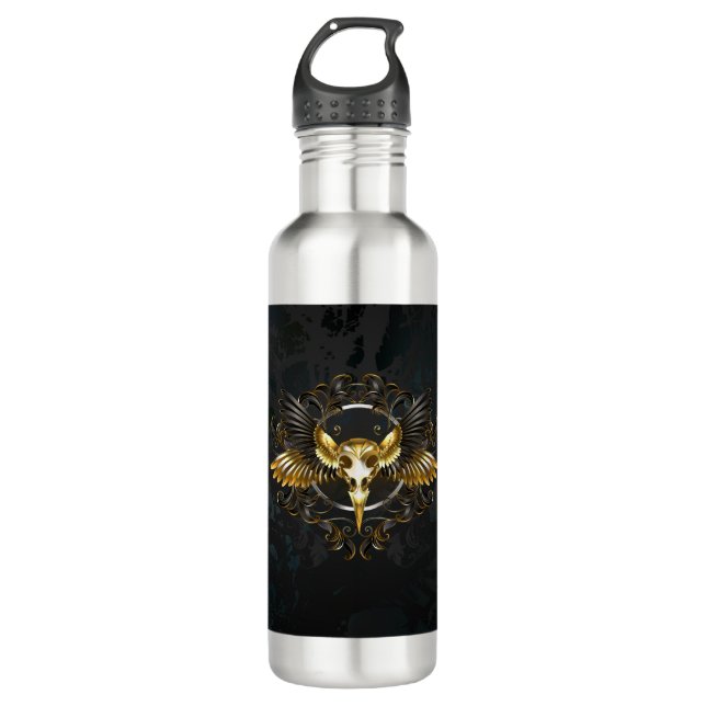 Golden Bird Skull on Black background 710 Ml Water Bottle (Front)