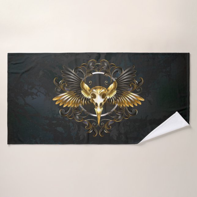 Golden Bird Skull on Black background Bath Towel (Bath Towel)