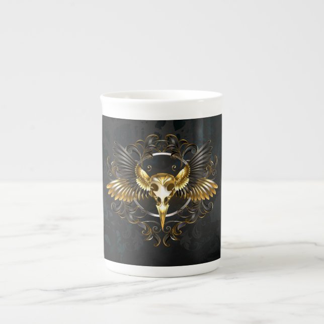 Golden Bird Skull on Black background Bone China Mug (Front)