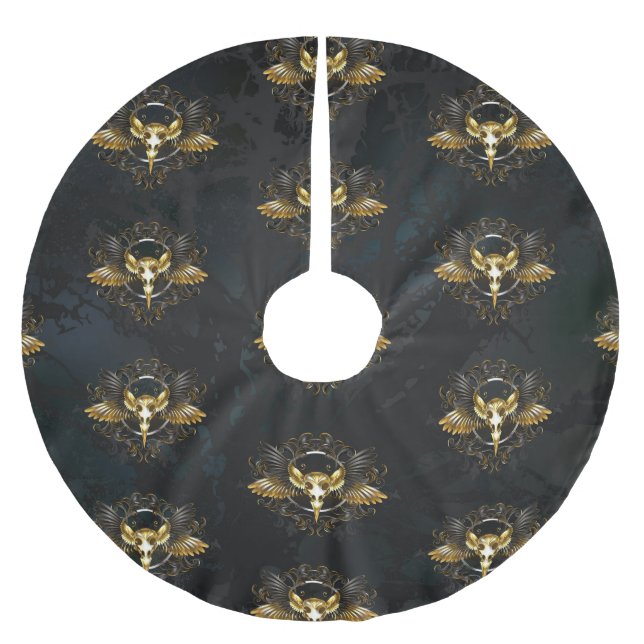 Golden Bird Skull on Black background Brushed Polyester Tree Skirt (Front)