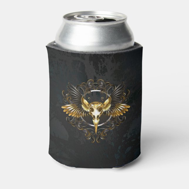 Golden Bird Skull on Black background Can Cooler (Can Back)