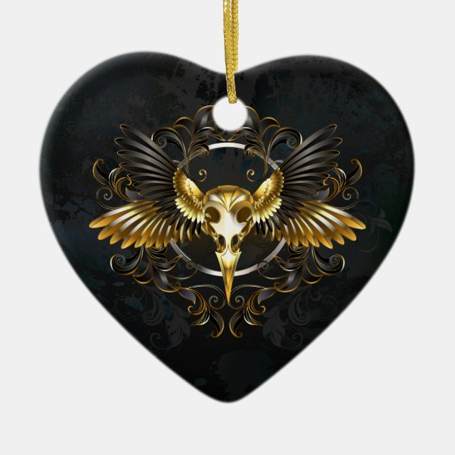 Golden Bird Skull on Black background Ceramic Tree Decoration (Front)