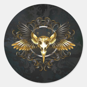 Golden Bird Skull on Black background Classic Round Sticker