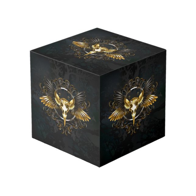Golden Bird Skull on Black background Cube (Front Angled)