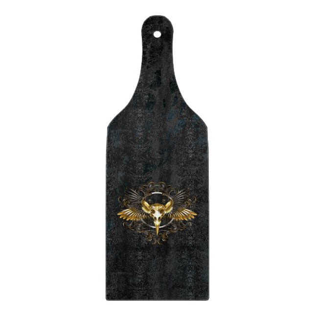 Golden Bird Skull on Black background Cutting Board (Front)
