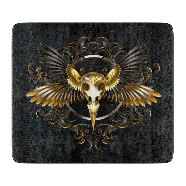 Golden Bird Skull on Black background Cutting Board (Front)