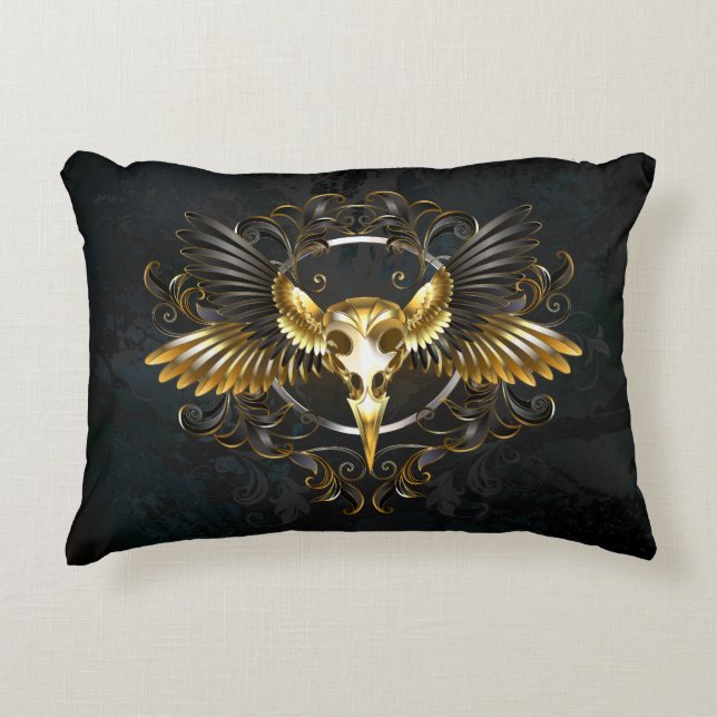 Golden Bird Skull on Black background Decorative Cushion (Front)