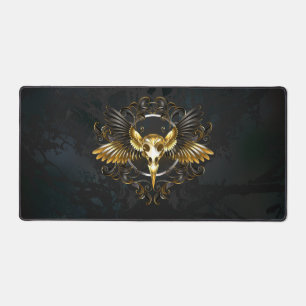 Golden Bird Skull on Black background Desk Mat