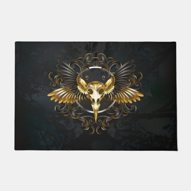Golden Bird Skull on Black background Doormat (Front)