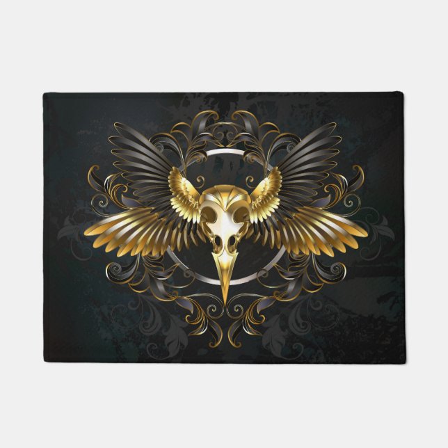 Golden Bird Skull on Black background Doormat (Front)