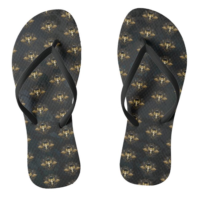 Golden Bird Skull on Black background Flip Flops (Footbed)