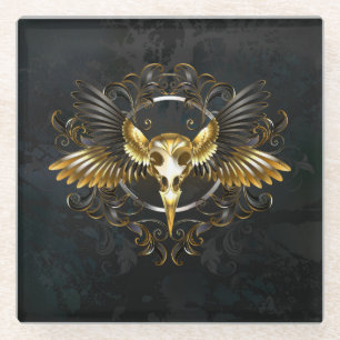 Golden Bird Skull on Black background Glass Coaster