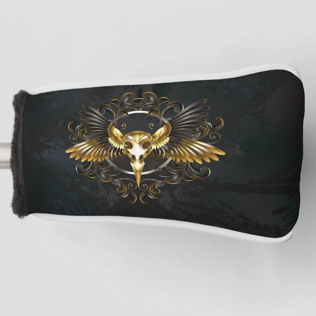 Golden Bird Skull on Black background Golf Head Cover (Front)