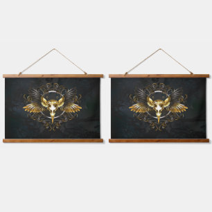 Golden Bird Skull on Black background Hanging Tapestry