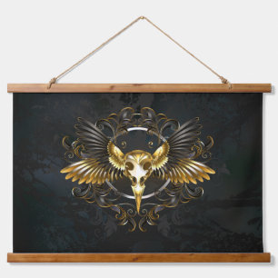 Golden Bird Skull on Black background Hanging Tapestry