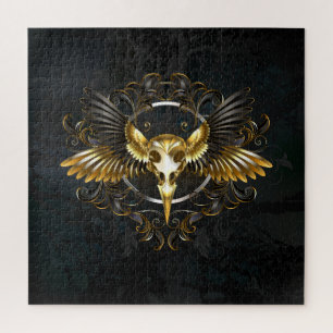 Golden Bird Skull on Black background Jigsaw Puzzle