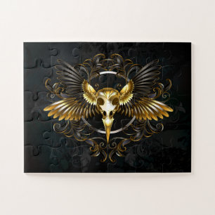 Golden Bird Skull on Black background Jigsaw Puzzle
