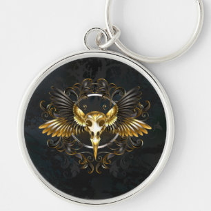 Golden Bird Skull on Black background Key Ring