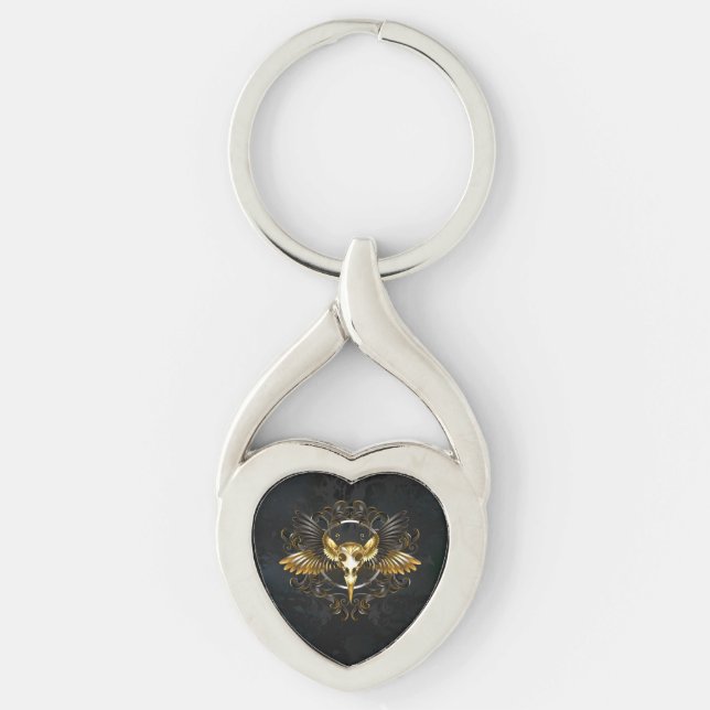 Golden Bird Skull on Black background Key Ring (Front)