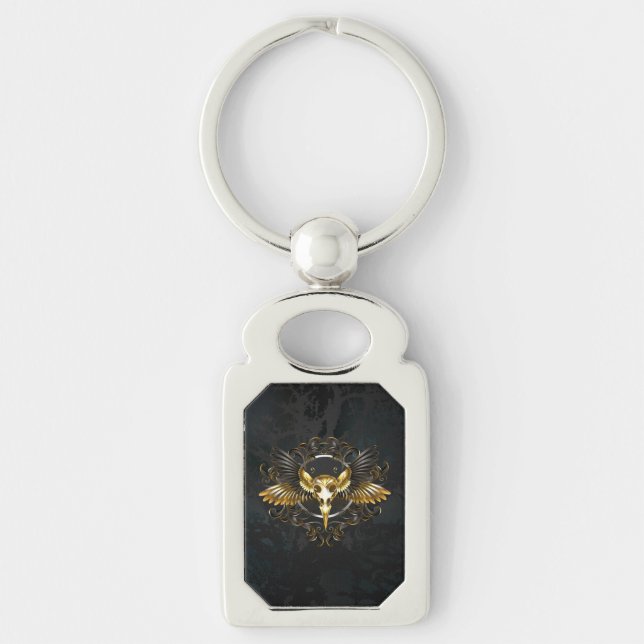 Golden Bird Skull on Black background Key Ring (Front)