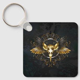 Golden Bird Skull on Black background Key Ring
