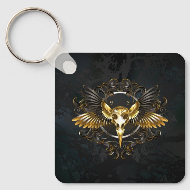 Golden Bird Skull on Black background Key Ring (Front)