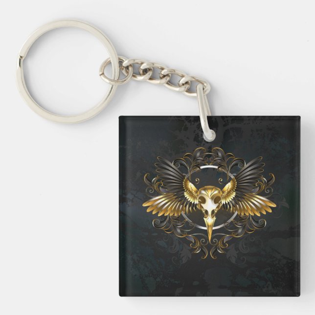 Golden Bird Skull on Black background Key Ring (Front)