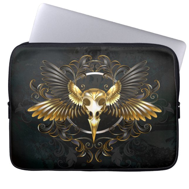 Golden Bird Skull on Black background Laptop Sleeve (Front)