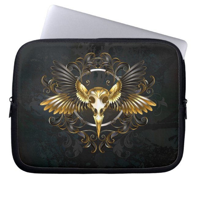 Golden Bird Skull on Black background Laptop Sleeve (Front)