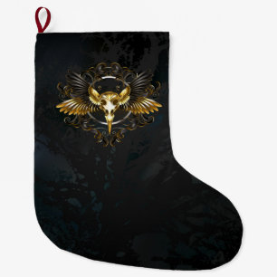 Golden Bird Skull on Black background Large Christmas Stocking