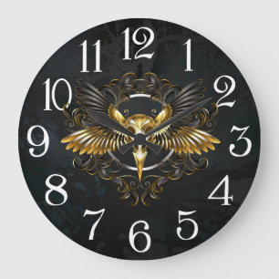 Golden Bird Skull on Black background Large Clock