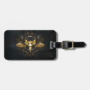 Golden Bird Skull on Black background Luggage Tag