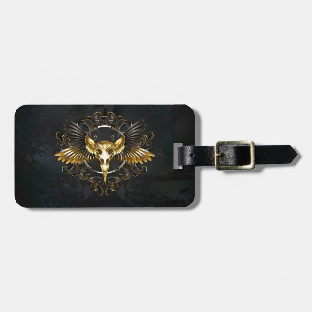 Golden Bird Skull on Black background Luggage Tag (Front Horizontal)
