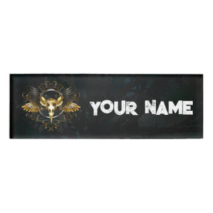 Golden Bird Skull on Black background Name Tag