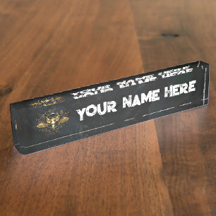 Golden Bird Skull on Black background Nameplate