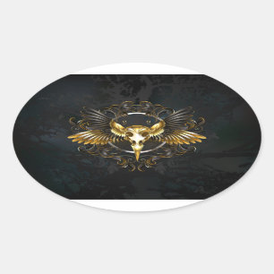 Golden Bird Skull on Black background Oval Sticker