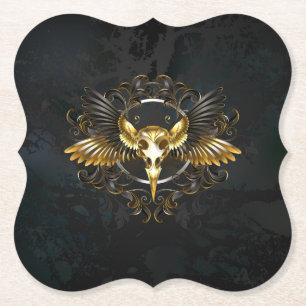 Golden Bird Skull on Black background Paper Coaster