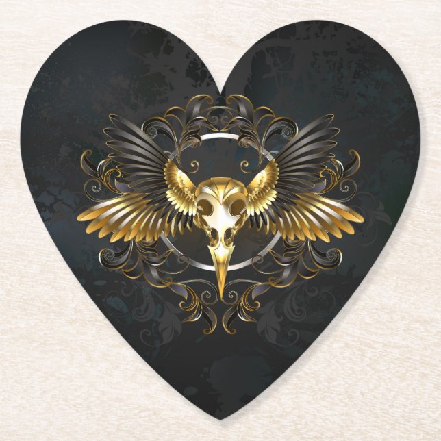 Golden Bird Skull on Black background Paper Coaster (Front)