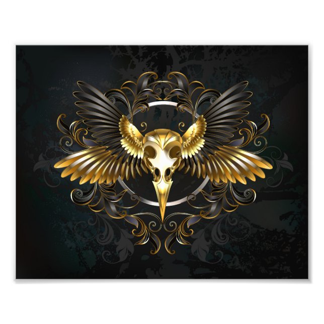 Golden Bird Skull on Black background Photo Print (Front)