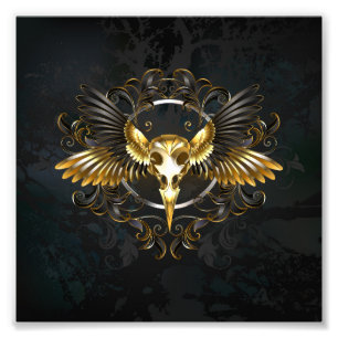 Golden Bird Skull on Black background Photo Print