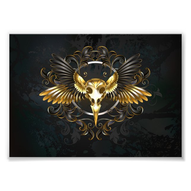 Golden Bird Skull on Black background Photo Print (Front)