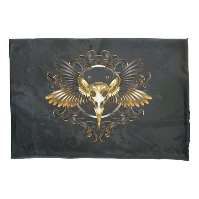 Golden Bird Skull on Black background Pillowcase (Front-Left)